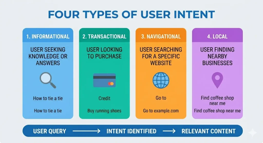 Infographic showing four types of user intent: informational, transactional, navigational, and local search intent in SEO
