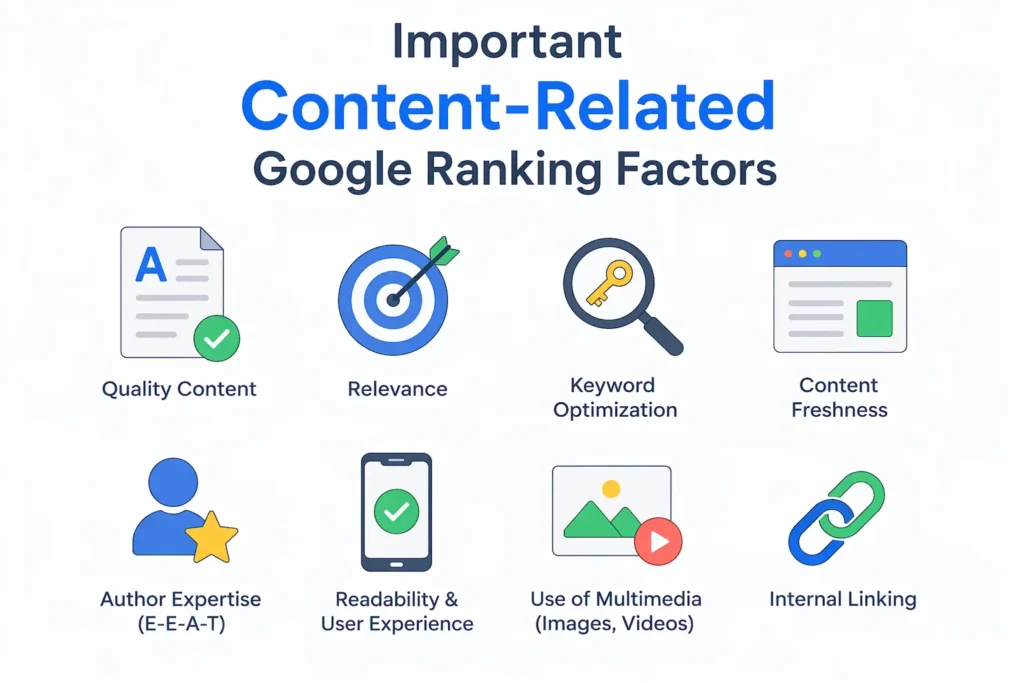 Infographic showing key content-related Google ranking factors including quality content, relevance, keyword optimisation, content freshness, E-E-A-T, user experience, multimedia, and internal linking