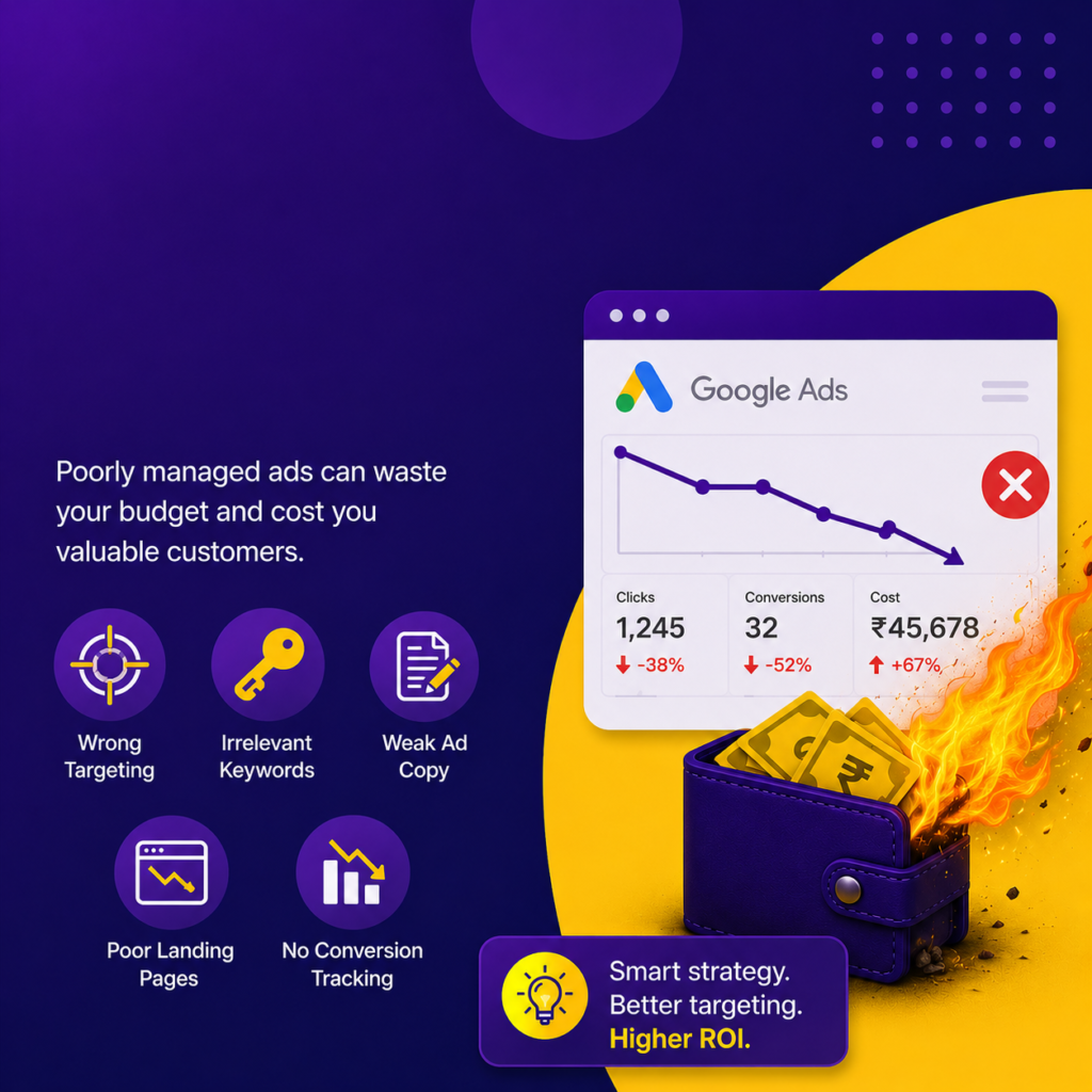 Google Ads optimisation banner showing wasted ad spend and ROI-focused advertising strategy.