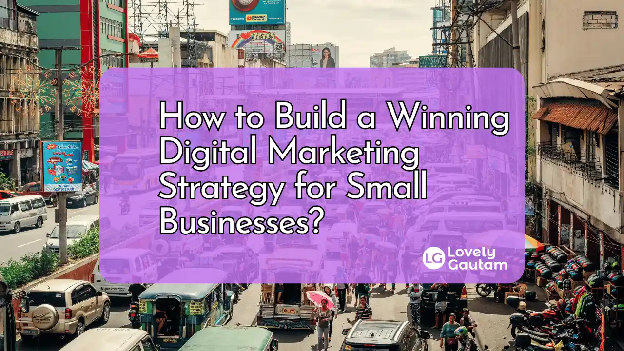 How to build a winning digital marketing strategy for small businesses illustrated with urban market scene