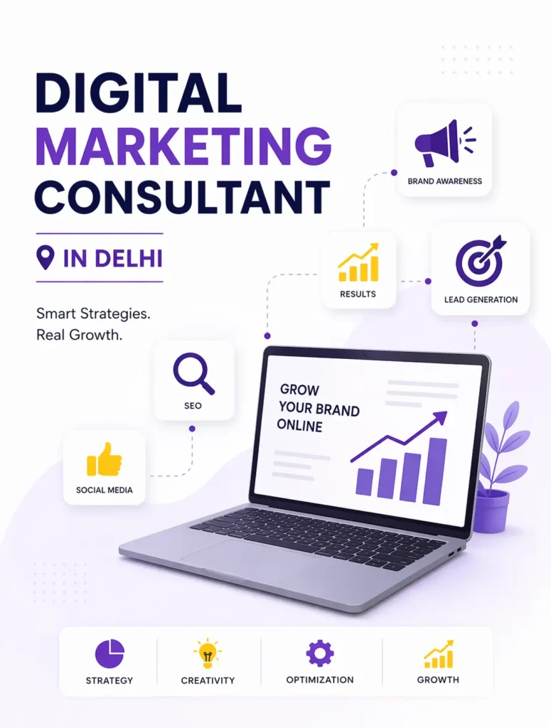 Digital marketing consultant Delhi image featuring SEO, social media, lead generation and business growth strategies