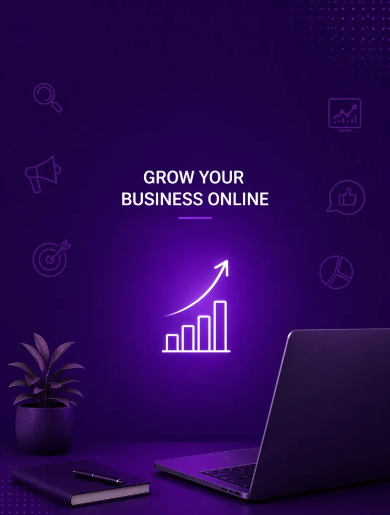 Digital marketing consultant near me concept with growth chart and online business growth message on purple background