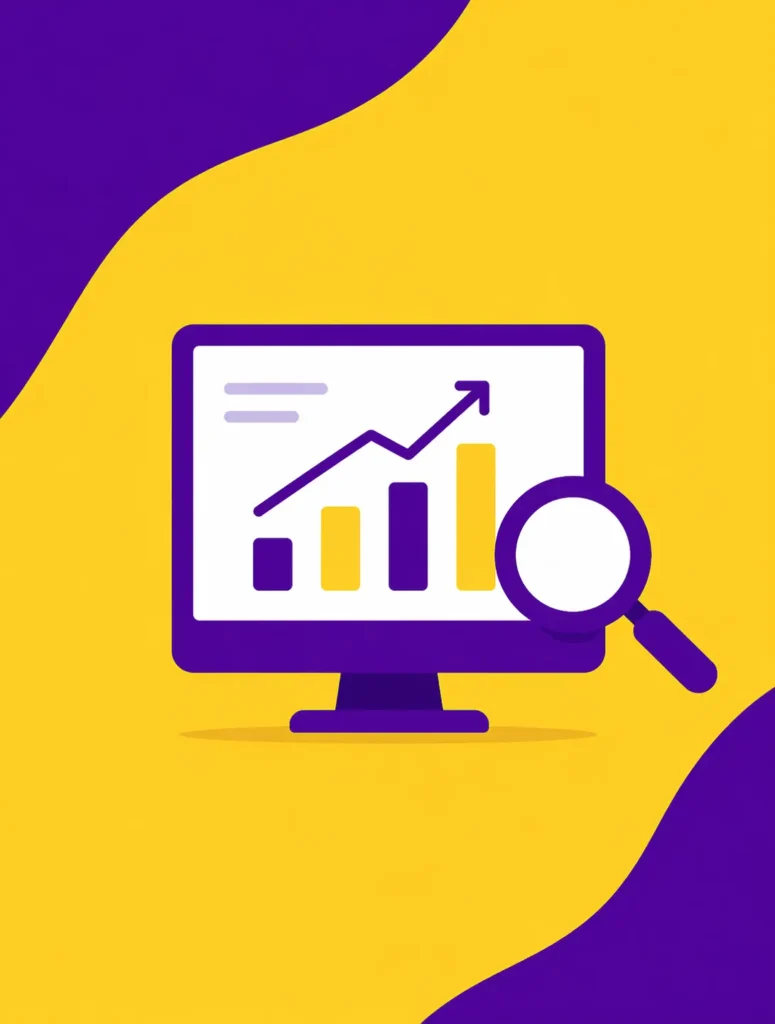 Flat illustration showing SEO growth with analytics dashboard and magnifying glass in yellow and purple theme
