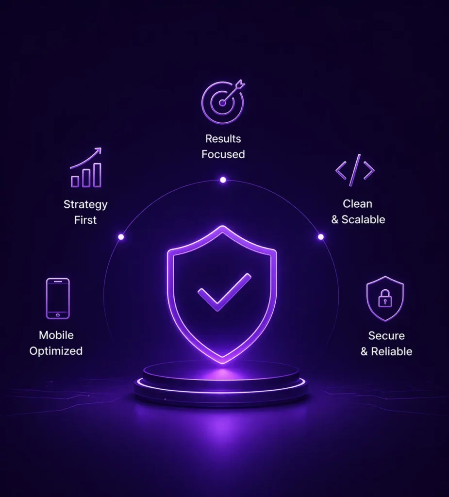 Futuristic purple neon illustration with shield icon highlighting key benefits results focused, strategy first, mobile optimised, clean and scalable, secure and reliable