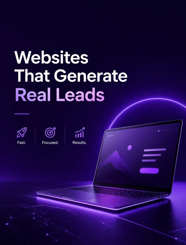 Futuristic purple web development hero image with glowing laptop, minimal design, and headline “Websites That Generate Real Leads” showcasing fast, focused, results-driven digital services.