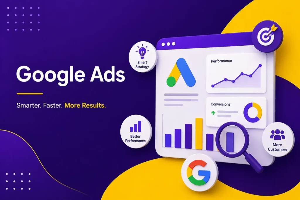 Google Ads campaign management concept with analytics dashboard, performance tracking, and conversion optimisation