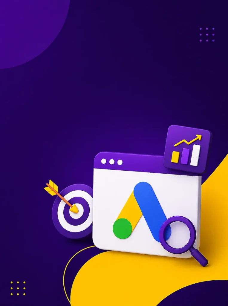 Google Ads specialist concept showing campaign optimisation, analytics, and growth strategy on purple and yellow background