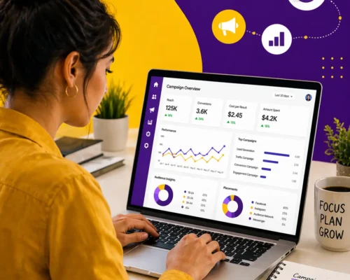 Online ad campaign analytics displayed on laptop with growth charts and insights