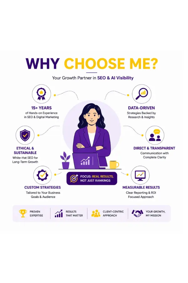 SEO consultant benefits infographic covering experience, data-driven SEO, custom strategies and ROI-focused results