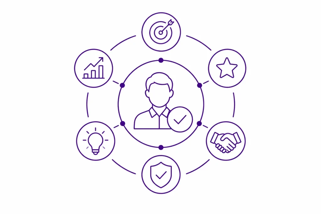 SEO expert with surrounding icons representing trust, growth, strategy and partnership