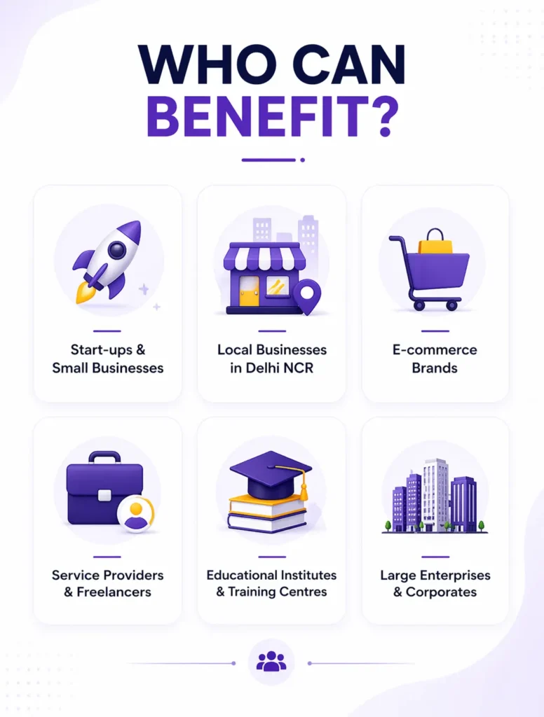 SEO services for startups, local businesses, e-commerce brands, freelancers, institutes and corporates infographic