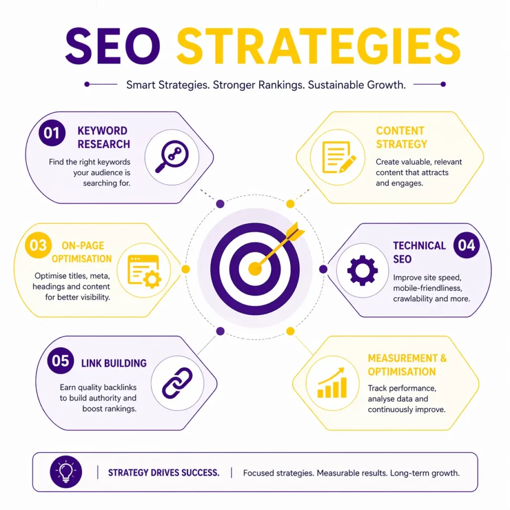 SEO strategy diagram covering keyword research, technical SEO, content optimisation and link building for higher rankings