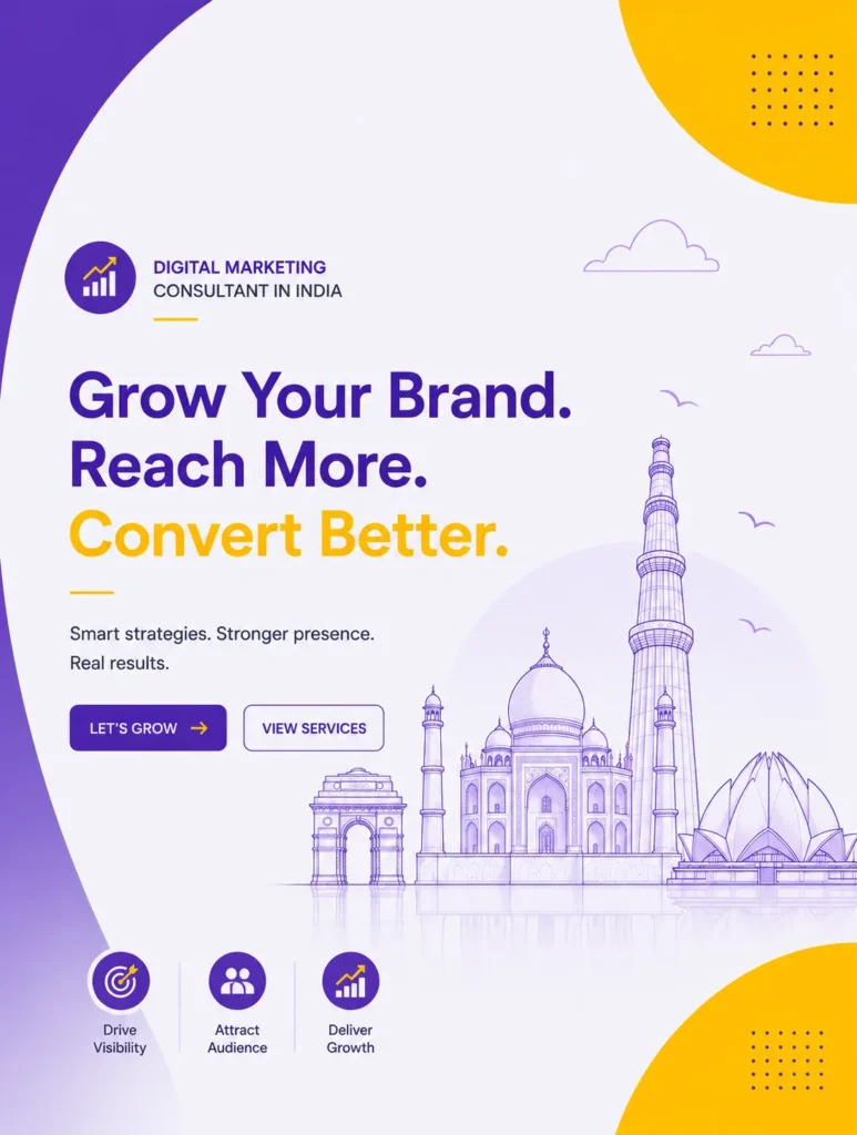 Digital Marketing Consultant in India Hero Banner with Indian Monuments and Business Growth Illustration