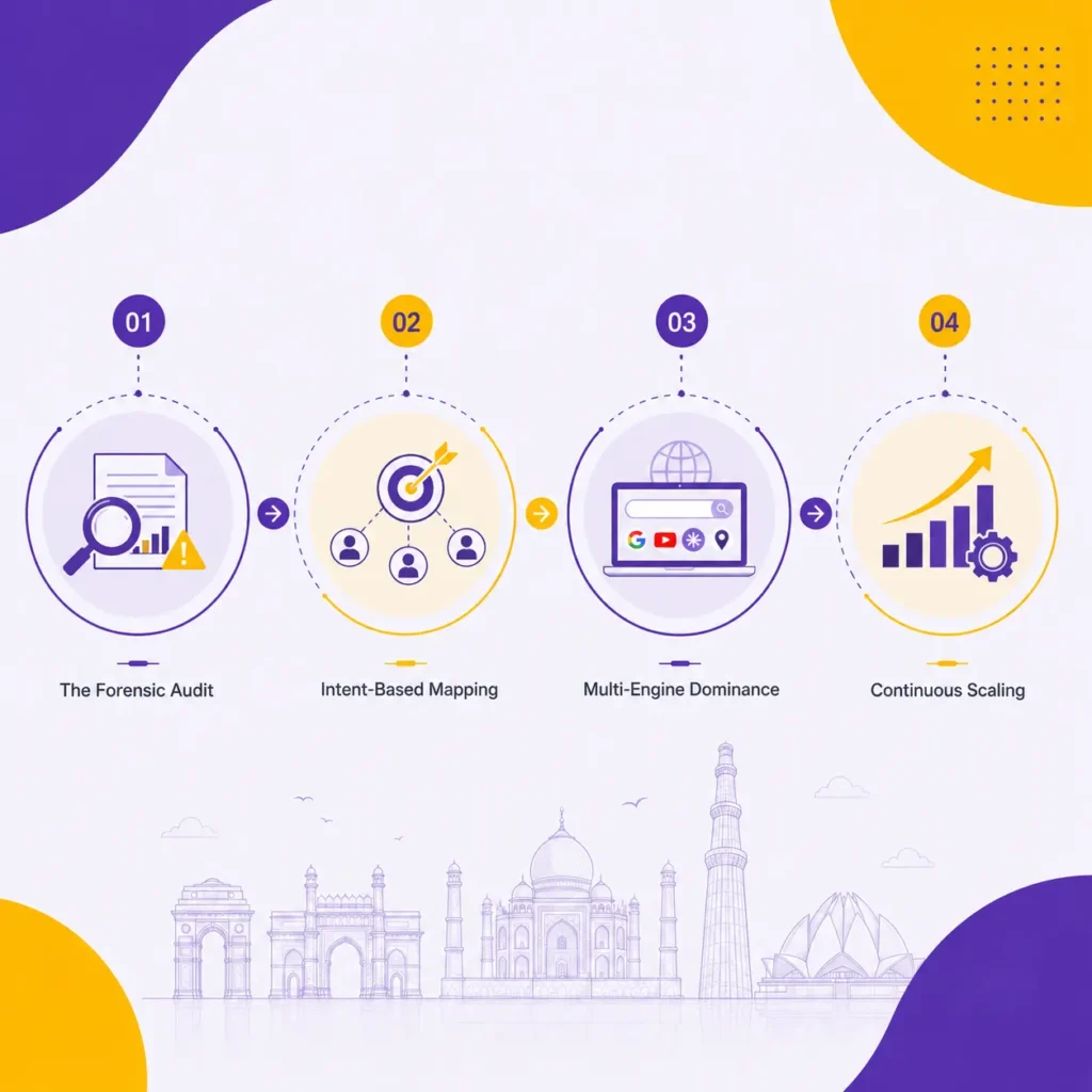 Digital Marketing Strategy Process Illustration with Audit, Intent Mapping, Multi-Engine Visibility and Growth Scaling Icons