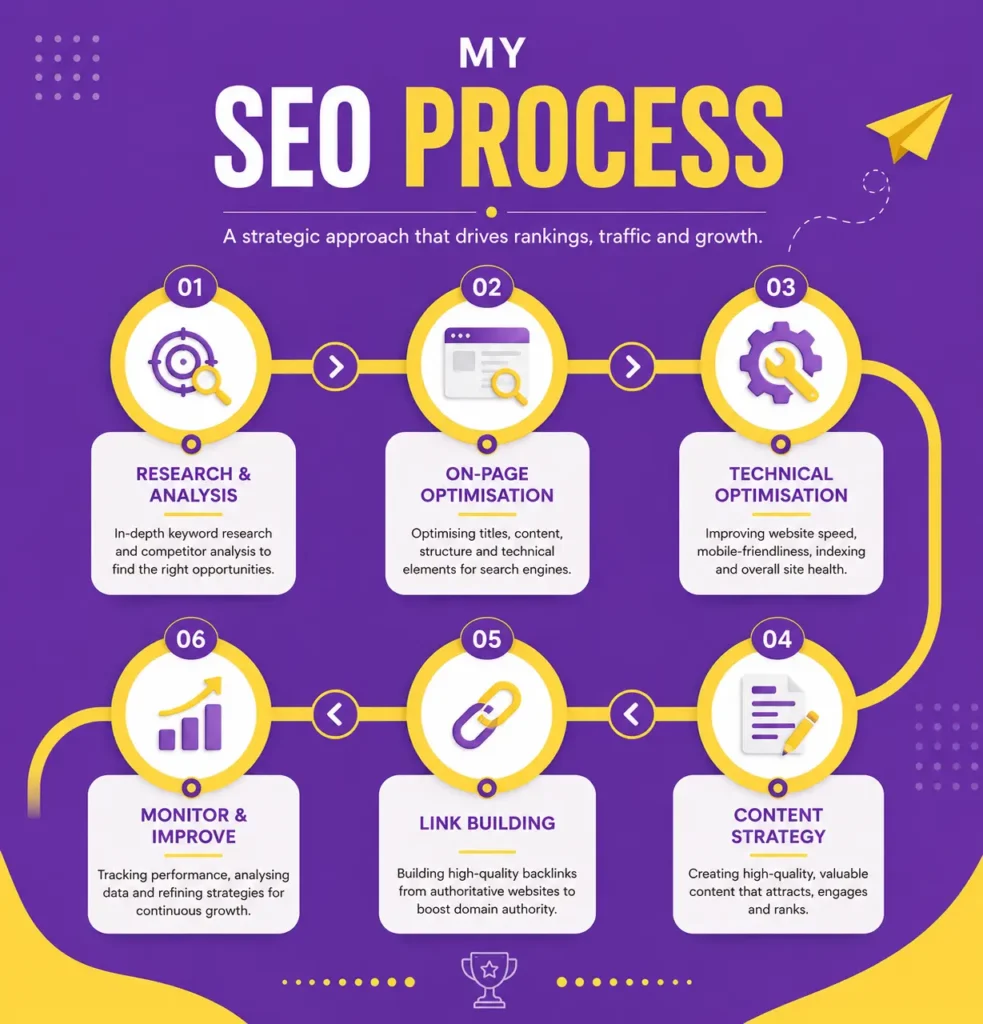 EO process infographic in purple and yellow showing keyword research, on-page SEO, technical optimisation, content strategy, link building, and performance growth workflow.