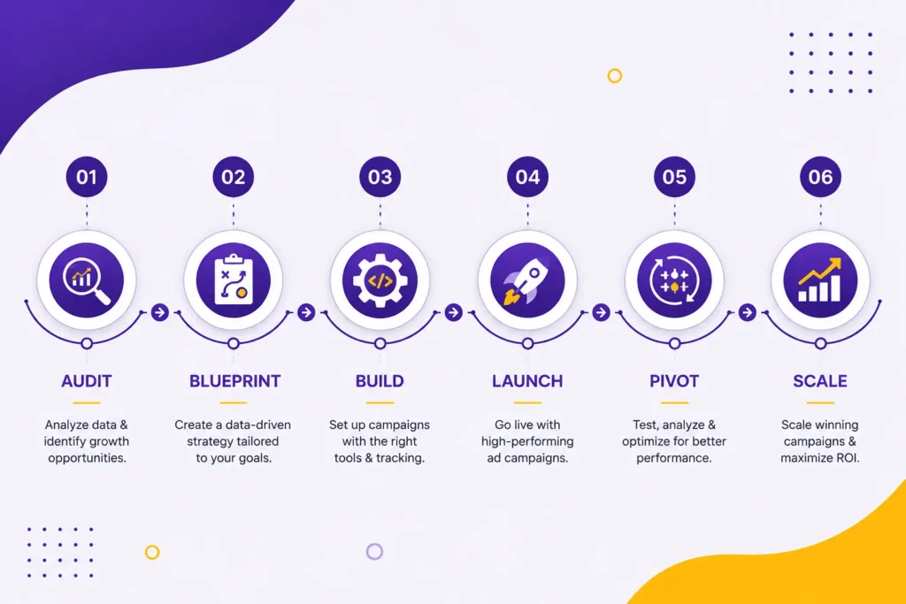 Facebook Ads Campaign Process Illustration with Audit, Blueprint, Build, Launch, Pivot and Scale Workflow Icons