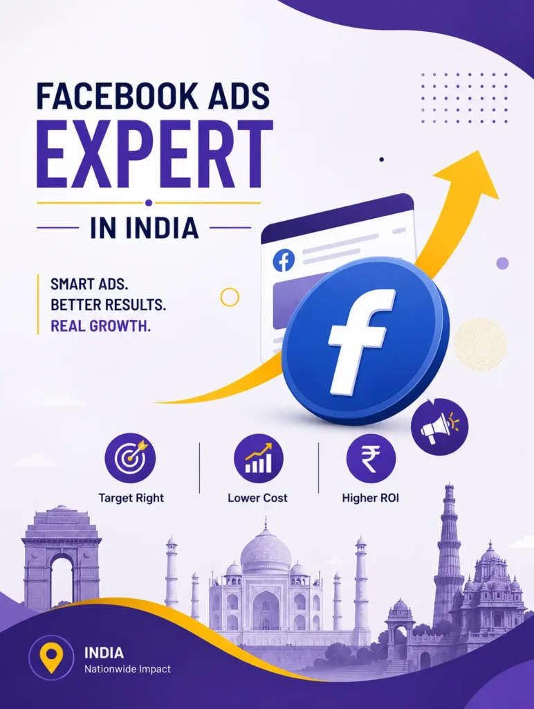 Facebook Ads Expert in India Banner with Business Growth Illustration and Indian Monument Design