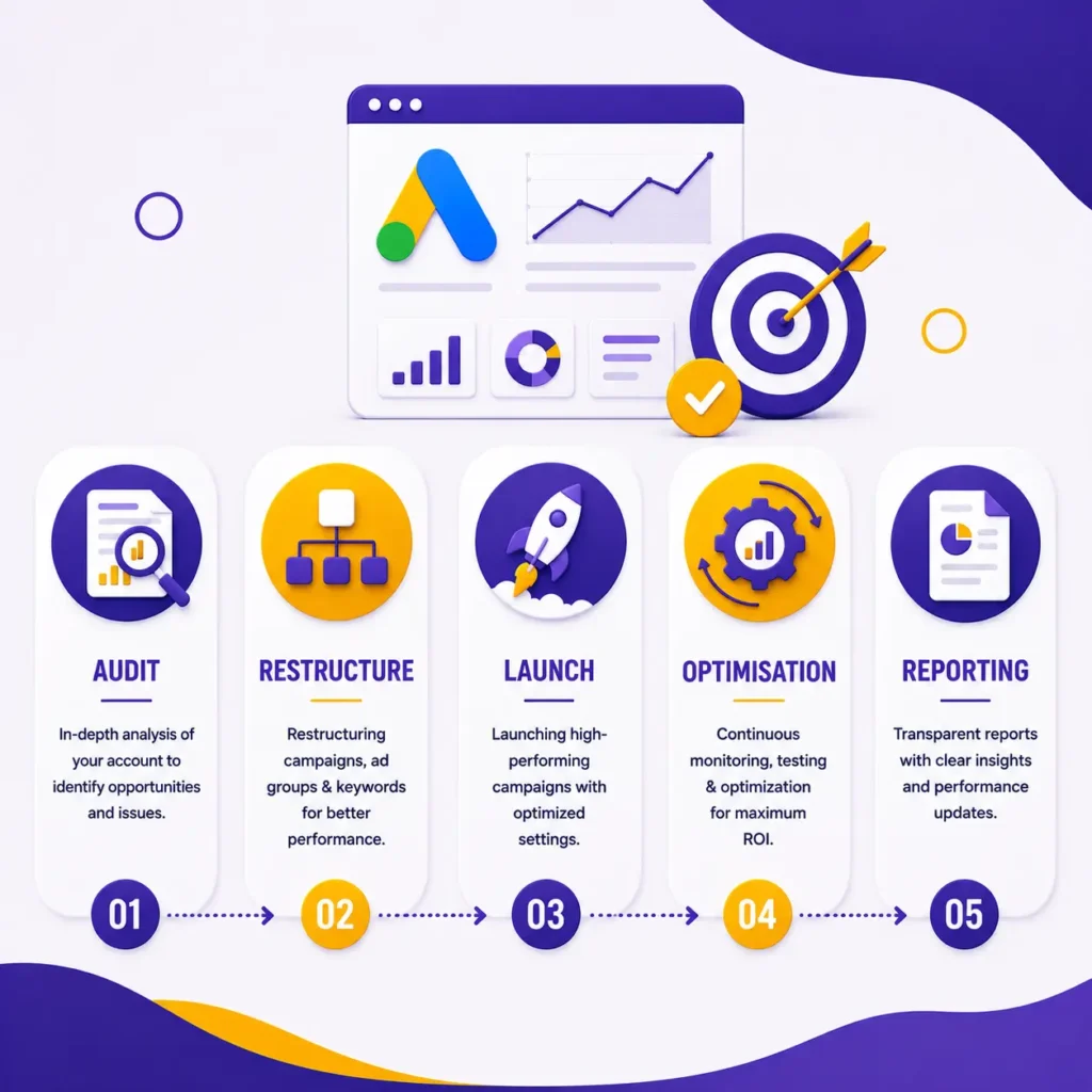 Google Ads management process showing audit, campaign restructure, launch, optimisation, and reporting workflow with PPC growth and strategy illustrations.