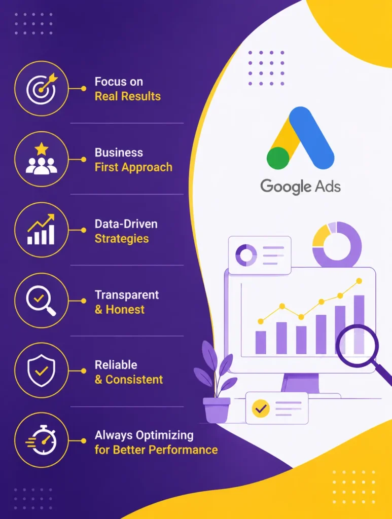 Google Ads marketing banner featuring analytics illustrations, performance icons, optimisation graphics, and short business-focused trust elements for digital advertising services