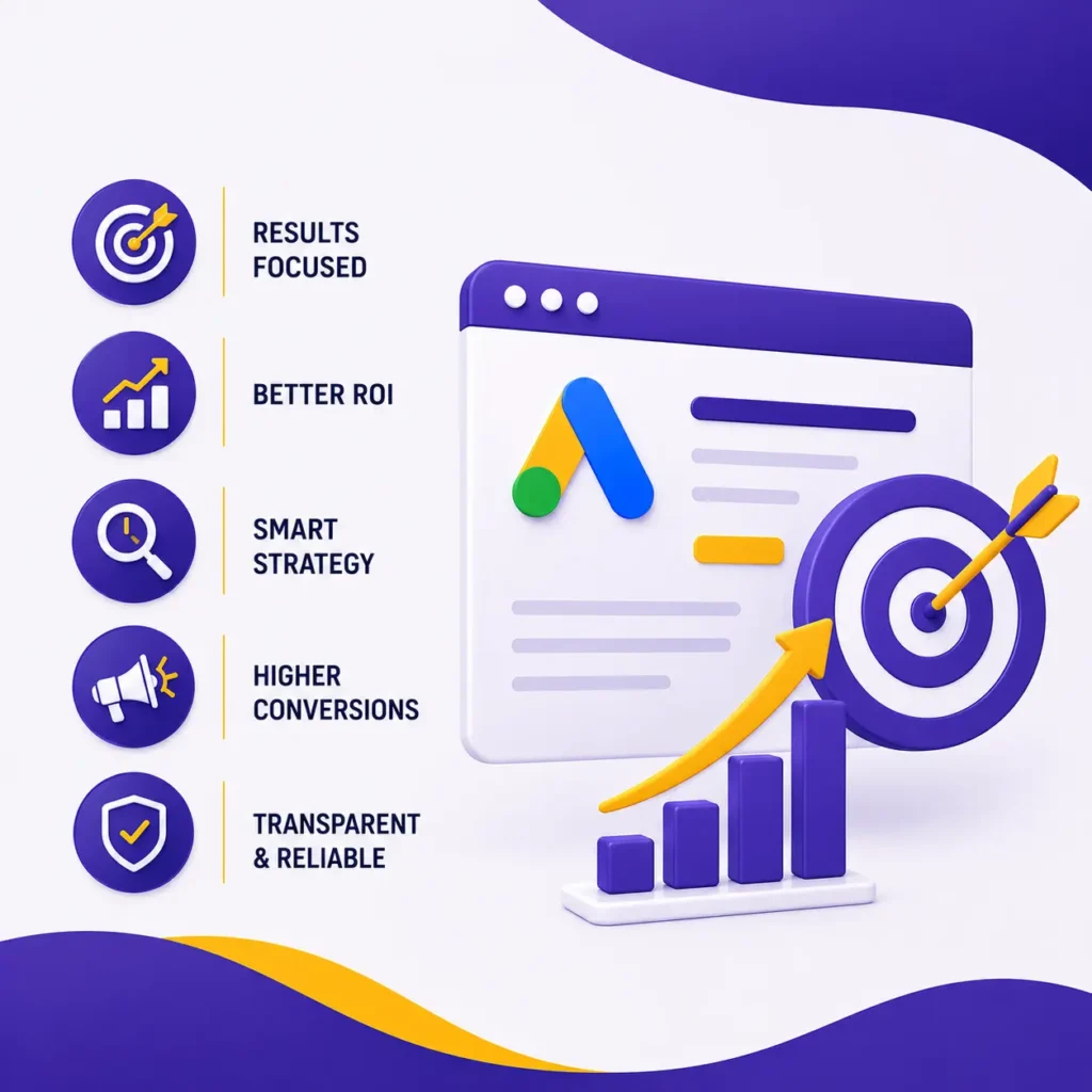 Google Ads marketingROI growth chart, target strategy icon, conversion optimisation dashboard, and performance-focused PPC campaign design in purple and yellow theme.