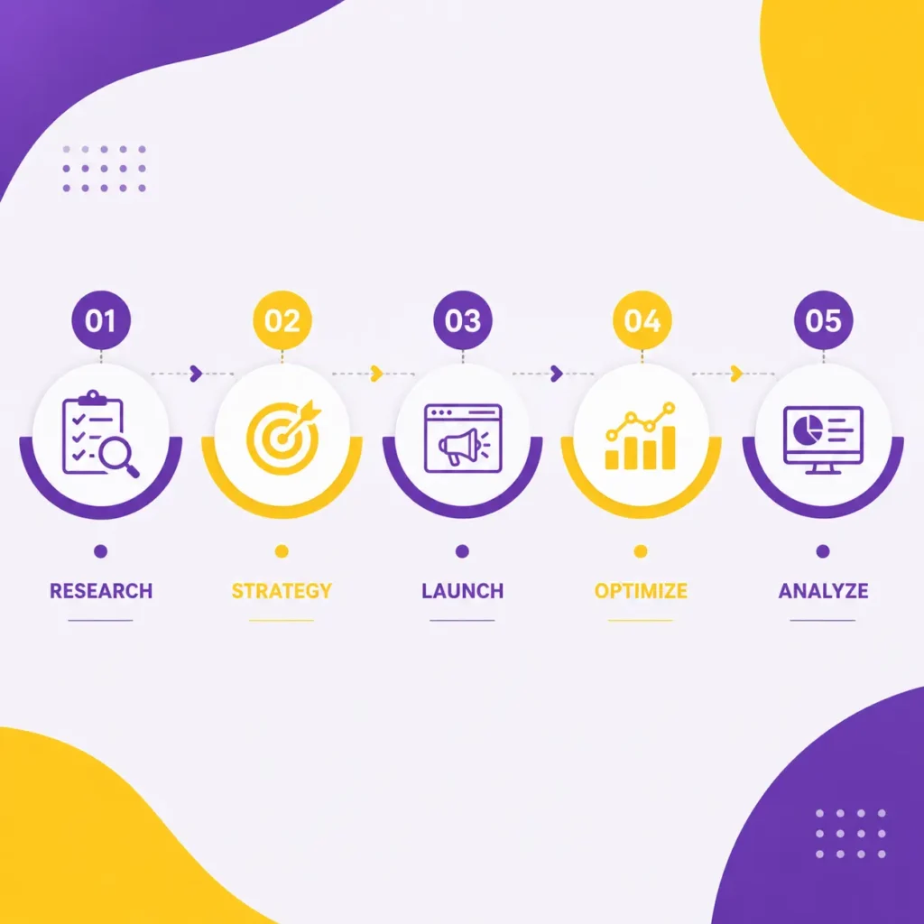 Google Ads process infographic with strategy, launch, optimisation, and analytics icons.