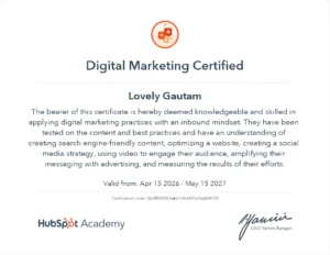 Hubspot Digital marketing certificate of Lovely Gautam