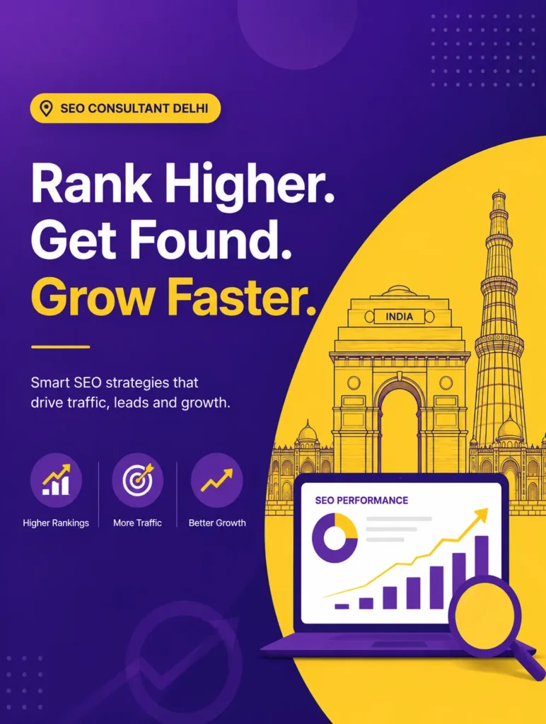 SEO expert in Delhi showing SEO growth, Delhi landmarks, analytics dashboard, and search optimisation graphics for digital marketing services.