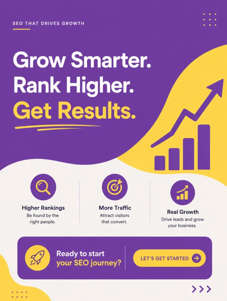 SEO Expert India banner design in purple and yellow showcasing SEO services, higher Google rankings, website traffic growth, lead generation, and digital marketing strategy for business growth.
